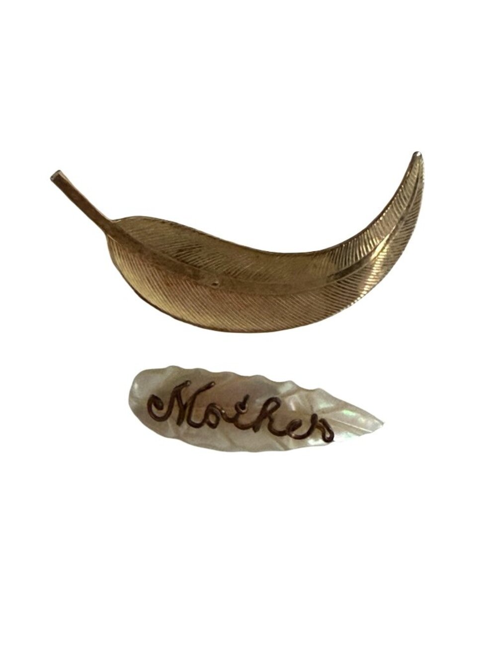 Vintage Feather & Mother Brooch Pin Set Brass Tone Metal & Mother of Pearl Mid C